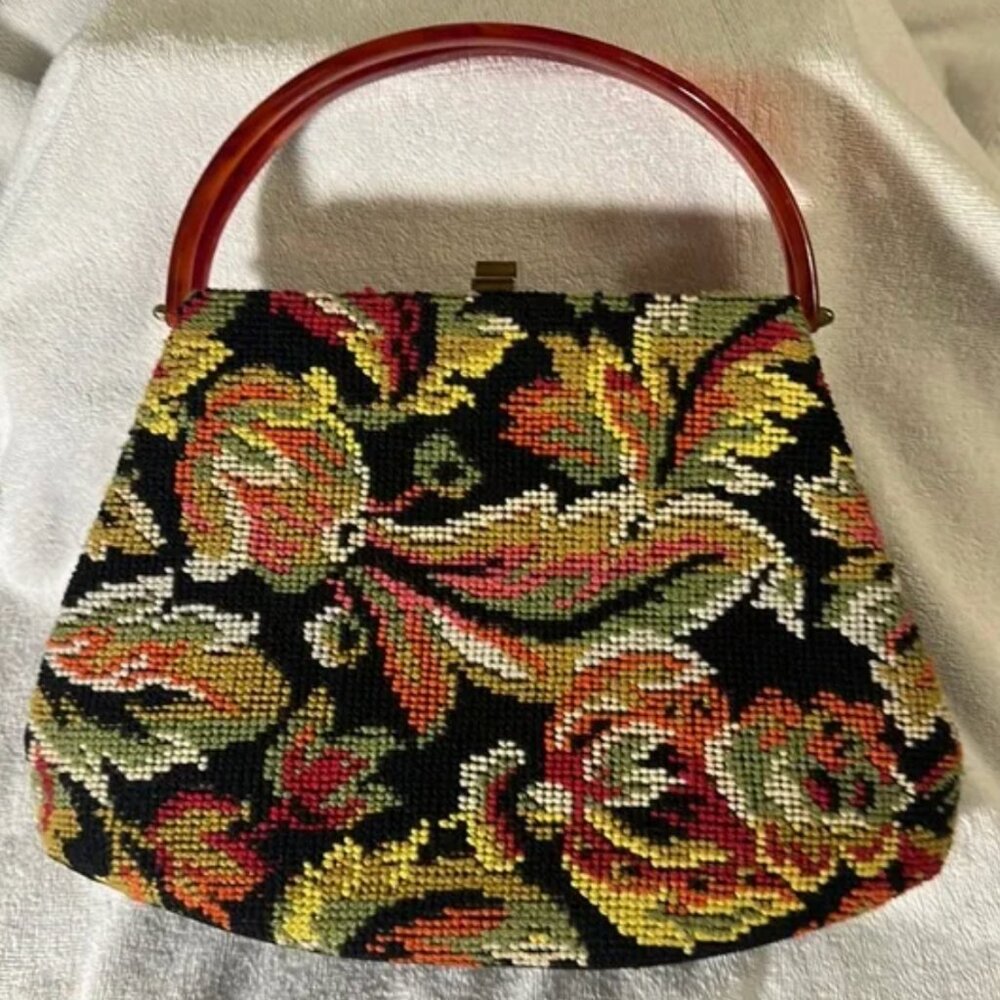 Vintage Needlepoint Tapestry Handbag w/ Lucite Handle - Garay